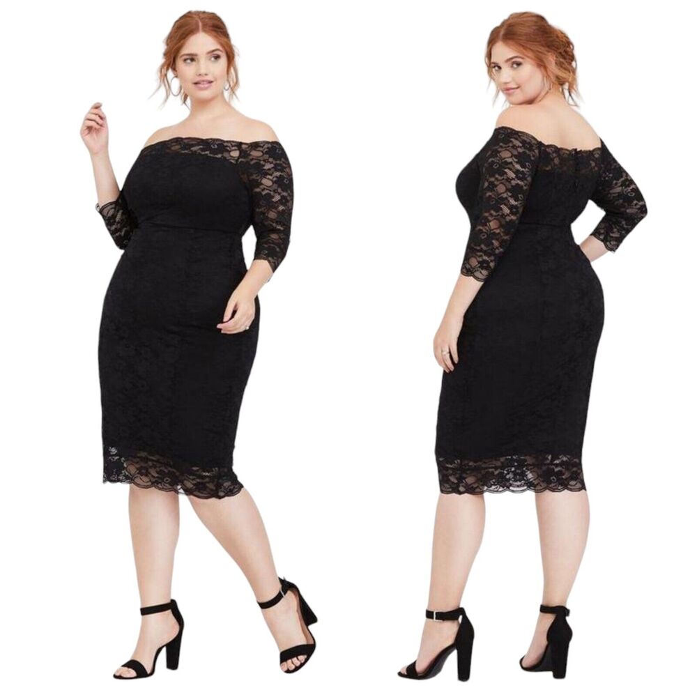 Black Off-Shoulder Lace Sheath Dress - Plus Size